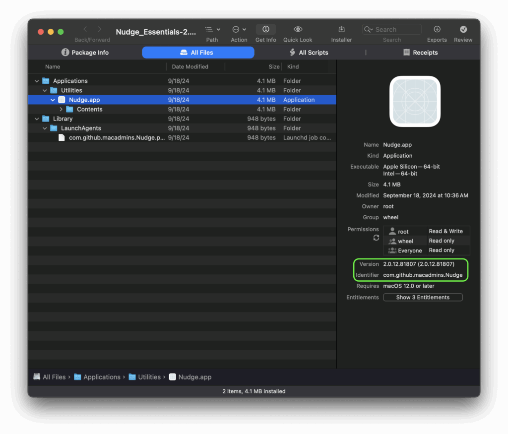image of Suspicious Pkg "All Files" tab highlighting version and identifier