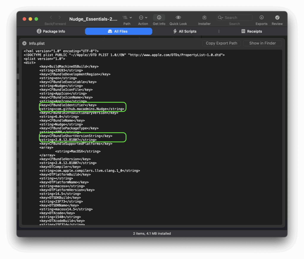 image of Suspicious Pkg "All Files" tab using spotlight to preview Info.plist from the payload of the package